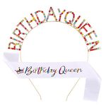 Birthday Sash Birthday Crown Headbands for Women Colorful Glitter Rhinestone Birthday Queen Tiaras with Lilac Satin Sash for Party Supplies, 2 Pieces