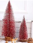 CORALTREE Resin Desk Red Sparkling Christmas Tree Table Top For X-mas Decoration | Christmas Tree Tabletop Snow Frosted Trees with Wood Base for Christmas Party Home Decoration (Set of 2) (Colour-Red)