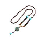 Boho Wooden Beaded Necklaces Vintage Handmade Nepal Mala Wood Beads Meditation Prayer Necklace Ethnic Fish Horn Long Statement Necklace for Women Girl Jewelry-round blue