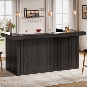 Tribesigns L Shaped Bar Table, 4-Tier Home Bar Unit with Wine Glasses Holders, Farmhouse Counter Height Pub Table with Storage Shelves, Corner Wine Table for Basement, Living Room (2, Black)