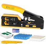 COOLCOLD RJ45 Crimping Tool Kit – All-in-One Passthrough Ethernet Crimper for Cat5/Cat6/Cat7 – Includes Network Cable Tester with Battery, 10pc Cat6 Pass-Through Connectors & 10pc Boots(Multicolor)
