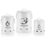 EHC Set of 3 Potato, Onion and Garlic Storage Containers With Lid & Side Handles For kitchen, Long Shelf Life with Aerating Tin Storage Holes - White