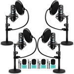 Movo PodPak4T 4-Pack Universal XLR Podcast Microphone Bundle- Includes 4 Cardioid Condenser Mics, Desktop Mic Stands, Pop Filters, Shock Mounts, and Cables for Podcast Equipment