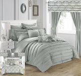 Chic Home 24 Piece Hailee Complete Pleated Ruffles and Reversible Printed Bed in a Bag Comforter Set with Window Treatment, King, Silver