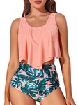 MiYang Women's High Waist Flounce Ruffle Top Bikini Swimsuits Tummy Control Bottoms Two-Piece Bathing Suits Flounce Peplum Orange/Pink X-Large(US 12-14)