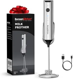 Bonsenkitchen Rechargeable Milk Frother with Stand, Handheld 3-Speed Coffee Frother, Dual Spring Whisk Electric Hand Frother Wand Drink Mixer for Matcha Lattes Cappuccino, Kitchen Gifts
