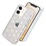 UZEUZA Case Compatible with iPhone 12/12pro 6.1-Inch, Clear TPU Glitter Holographic Laser Love Heart Pattern Phone Case, Aesthetic Cute Cover & Screen Protector for iPhone 12/12pro (2 in1)