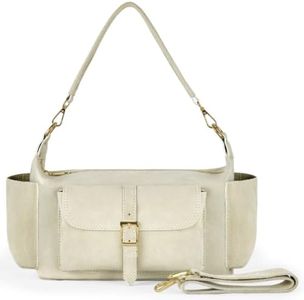Italian Genuine Suede Shoulder Bag for Women with Outside Pockets & Dual Straps | Medium Rectangular Everyday Purse (Beige)