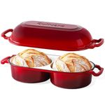 Cast Iron Bread Pan with Lid, Enamel Sourdough Baking Dutch Oven Pot, Double Round Loaf Space for Homemade, Bread, Cake, Meatloaf, 16.5cm Diameter, 500°F Oven Safe, Non Stick, Red