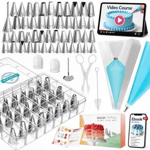 RFAQK 74PCs Icing Piping Bags and Tips Set, Cake Decorating Kit with 48-Numbered Piping Tips, 12inch Anti Burst Pastry Bags, Booklet, E-book & Complete Video Course for Cookie Cupcake Cake Decoration