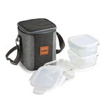 CELLO Glassy Square Lunch Box Set of 3 | Microwavable Borosilicate Glass | Leak Proof Design | Tiffin for Office/School/College |Clear