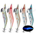 Squid Jig Saltwater Fishing Lures, 5pcs/10pcs Saltwater Glow Squid Jig Hooks Hard Bait Luminous UV Shrimp Prawn Lures Fluorescent Cuttlefish Sleeve Squid Jigs Kit for Cuttlefish Octopus Fishing