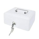 Steel Cash Box with Key Lock, Metal Small Money Organizer with Money Tray,Cash Storage Box with Lockable Cover (White-15 * 12 * 8 CM)