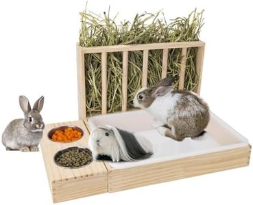 BESNEW 3 in 1 Rabbit Hay Feeder with Litter Box,Wooden Hay Feeder with 2 Bowls & Litter Box