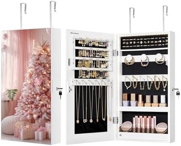 SONGMICS Mirror Jewelry Cabinet Armoire with Built-in LED Lights, Wall or Door Mounted Jewelry Storage Organizer, 3.8 x 14.6 x 26.4 Inches Hanging Mirror Cabinet, Christmas Gifts, White UJJC050W01