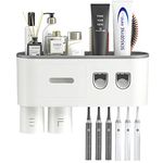 Hushnow Toothbrush Holder Wall Mounted with Double Automatic Toothpaste Dispensers for Bathroom, with 6 Brush Slots 1 Cosmetic Drawer Organizer 1 Large Storage Tray,Toothbrush Holder Set (Grey)