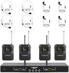 Phenyx Pro Wireless Microphone System, 4-Channel Wireless Mic Set w/ 4 Bodypacks and Headsets/Lapel Mics, 4x25 UHF Frequencies, 200ft Coverage, Cordless Microphone for Singing, Church (PTU-5200-4B)