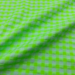 Kt KILOtela - Tela Seersucker Algodón BCI, Poliéster Reciclado GRS, Camisería, Prendas Moda, Cuadros Vichy, Verde Flúor, Largo a elección de 50 en 50 cm
