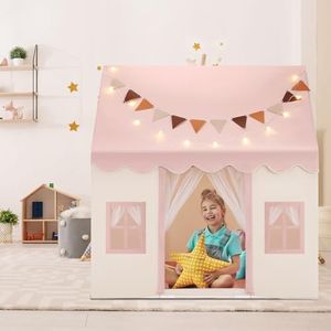 KIDBOT Kids Play Tent - Pink, Toddler Large Playhouse with 3 Breathable Windows, Star Lights & Flag Banner, Childrens Playhouse Toys Princess Castle Indoor/Outdoor Room Play House