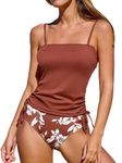 CUPSHE Women's Tankini Set Two Piece Swimsuit Ruched Drawstring Bathing Suits with High Waisted Bottom Rib, Brick Red Floral, Medium