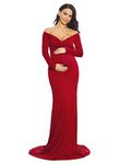 ZIUMUDY Maternity Fitted Gown V Neck Ruched Off Shoulder Long Sleeve Maxi Photography Dress (Burgundy, Large)