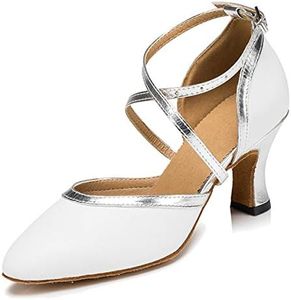 Minishion Women's Closed Toe Dance Shoes Ankle Strap Dancing Pumps, L188 White/Silver 2.8" Heel, 8