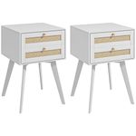 HOMCOM Bedside Tables Set of 2, Small Nightstands with 2 Drawers and Rattan Element, Boho Night Stands, Square Side Tables for Bedroom, White