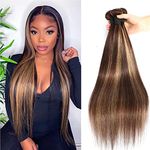 DUAUJUIU 4/27 Highlight Bundles Brazilian Human Hair Weave Bundles Unprocessed Ombre Hair Mixed Color Straight Remy Virgin Hair Long 22 24 26 Inches