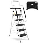 Soctone 5 Step Ladder with Handrails, 3.8 FT Folding Step Stool with Tool Platform, Portable Steel Ladder for Adults, 150 KG/330LBS Capacity Ladder for Library Office Home Kitchen, White