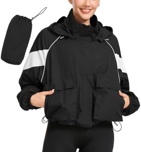 PESION Women's Windbreaker & Waterproof Hooded Rain Jacket Lightweight Outdoor Fashionable Jacket Zip Coat Outerwear Raincoat with Pockets for Mountaineering Hiking Fish Travel, Black, XSmall