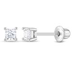 925 Sterling Silver 3mm Cubic Zirconia Princess Square Cut Screw Back Earrings for Babies, Infants & Toddlers - Simply Adorable Earrings with CZ Stones - Lightweight and Hypoallergenic Jewelry