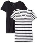 Amazon Essentials Women's 2-Pack Classic-Fit Short-Sleeve V-Neck Patterned T-Shirt, White Mariner Stripe/Black, Large