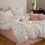 Lanqinglv Single Duvet Cover Set Floral White Pink Tulips Flowers Bedding Modern Comforter Cover 135x200 cm with Zipper Closure and 1 Pillowcase 50x75 cm