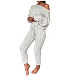 Oplxuo Off Shoulder Sweater Sets for Women Two Piece Outfits Cable Knit Pullover Tops and Bodycon Pants Lounge Matching Set