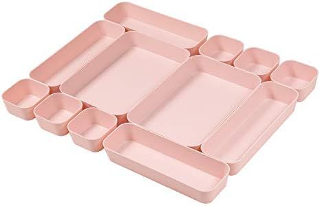 Backerysupply Set Of 12 Pink Color Plastic Desk Drawer Organizers For Makeup Bathroom Office Kitchen Vanity Drawer Storage Box Container