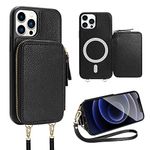 ZVE iPhone 14 Pro Max Magsafe Crossbody Wallet Case, Magnetic Phone Case with RFID Blocking Card Holder Wrist Strap for Women, Zipper Leather Cover for iPhone 14 Pro Max, 6.7"-Black