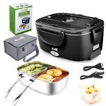 Budth 80W Electric Lunch Box, Portable Food Warmer for Car Truck Office, 12V 24V 220V Adapter, Leak Proof, 304 Stainless Steel Container, SS Fork & Spoon and Carry Bag