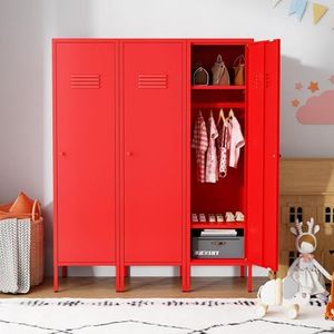 LINGZOE Single Door Metal Locker Accent Cabinet,Kids Wardrobe Dress up Cabinet with 2 Adjustable Shelves for Home Storage (Red)