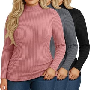 Riyiper 3 Pack Women's Ribbed Plus Size Mock Turtleneck Tops, Long Sleeve Slim Fit T-Shirts Pullover Sweater Basic Layer Top(Black, Gray, Pink,XXL)