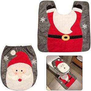 Pveath - Juego de 2 piezas de decoración para inodoro con diseño de Papá Noel, muñeco de nieve y reno, incluye funda para asiento de inodoro y alfombra roja de Navidad, decoración para el baño