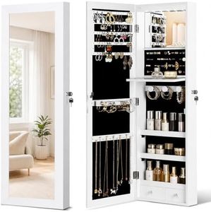 JOYUSAEN Mirror Jewelry Organizer, Wall/Door Mounted Jewelry Armoire with Full-Length Mirror,Hanging Jewelry Cabinet with LED Interior Lights, White