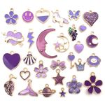 TecoKart 30 PCS Charms For Bracelet Making, Purple Charm Bracelet Pendant DIY, Cute Charms For Jewellery Making, Unicorn Moon Flower Heart Mermaid Charm Bracelet Making Kit For Necklace Pendent DIY