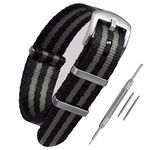 NATO Strap Watch Band – Seat Belt Nylon NATO G10 Style Watch Straps - Grey and Black Spectre Stripe - 18mm, 20mm, 22mm - For Men and Women - Stainless Steel Fittings (20mm, Grey and Black Striped)