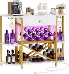 DWVO Wine Bar Cabinet w/Power Outlets LED Home Mini Coffee Bar Table Metal Kitchen Liquor Cabinet Stand with 4-Tier Storage Shelves and Drawer Wine Racks and Glass Holders, White & Gold