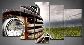 First Wall Art - Vintage Old Truck Wall Art Decor Car on The Prairie Rustic Canvas Pictures Artwork 5 Panel Painting Prints for Home Living Dining Room