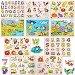 10 Pack Wooden Peg Puzzles for Toddlers Toddler Puzzle Jigsaw Learning Puzzles for Kids Wood Knob Puzzle with Alphabet Number Animal Vehicle Shape