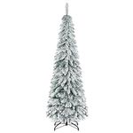 HOMCOM 6ft Tall Pencil Artificial Christmas Tree Xmas Tree with 523 Snow Flocked Branches, Downswept Shape, Steel Base