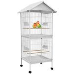 PawHut 170cm Large Wrought Metal Bird Cage Mobile Feeder with Rolling Stand Perches Food Containers Doors Wheels for Finch Canary Budgie Cockatiel White