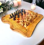 Handcrafted Olive Wood Chess Set with Unique Organic Shape, Elegant Decorative Chessboard with Intricate Carved Pieces for Chess Enthusiasts (45x45cm - Playing area 32x32cm, Red)