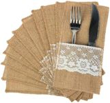 FQTANJU 50 PCS 4"x8" Burlap Lace Utensil Cutlery Holders Pouch Silverware Holder Knifes Forks Bags Burlap Napkin Bag for Rustic Wedding Party Decorations favors